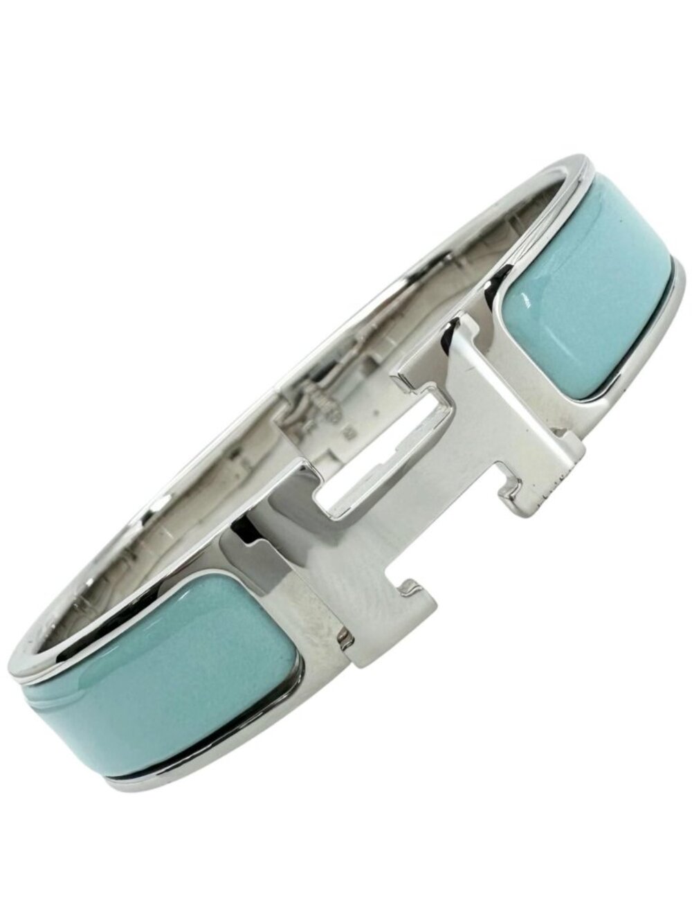 Hermes Clic H Enamel Light Blue Bangle Silver Bracelet